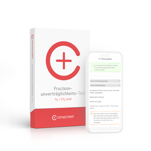 Verpackung des cerascreen Fructoseunverträglichkeits Tests und Smartphone-Display mit Vorschau des Testergebnisses