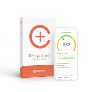 Verpackung des cerascreen Omega-3 Tests und Smartphone-Display mit Vorschau des Testergebnisses