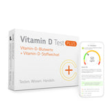 Verpackung des cerascreen Vitamin D PLUS Tests und Smartphone-Display mit Vorschau des Testergebnisses