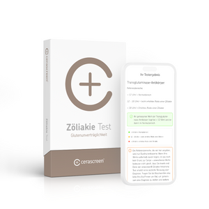 Verpackung des cerascreen Zöliakie Tests und Smartphone-Display mit Vorschau des Testergebnisses
