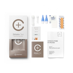 Inhalt des Zöliakie Testkits von cerascreen: Verpackung, Anleitung, Lanzetten, Plfaster, Probenröhrchen, Desinfektionstuch, Rücksendeumschlag