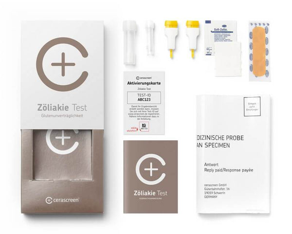 Inhalt des Zöliakie Testkits von cerascreen: Verpackung, Anleitung, Lanzetten, Plfaster, Probenröhrchen, Desinfektionstuch, Rücksendeumschlag