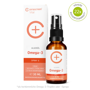 Verpackung und Fläschchen des Omega-3-Sprays von cerascreen Vital