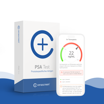 Verpackung des cerascreen PSA Tests und Smartphone-Display mit Vorschau des Testergebnisses.