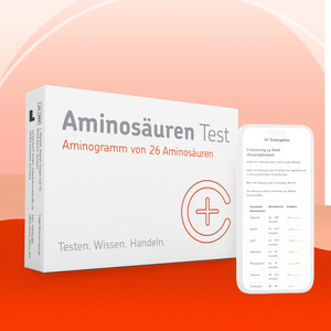 Verpackung des cerascreen Aminosäuren Tests und Smartphone-Display mit Vorschau des Testergebnisses