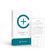 Verpackung des cerascreen Candida Tests und Smartphone-Display mit Vorschau des Testergebnisses
