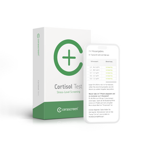 Verpackung des cerascreen Cortisol Tests und Smartphone-Display mit Vorschau des Testergebnisses