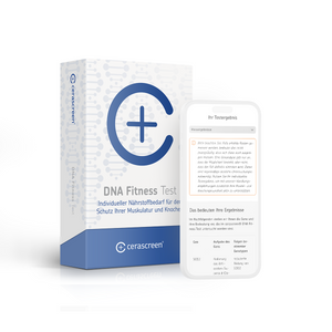 Verpackung des cerascreen DNA Fitness Tests und Smartphone-Display mit Vorschau des Testergebnisses