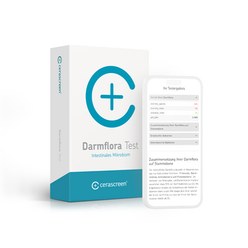 Verpackung des cerascreen Darmflora Tests und Smartphone-Display mit Vorschau des Testergebnisses