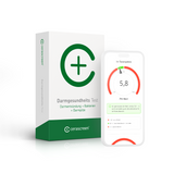 Verpackung des cerascreen Darmgesundheits Tests und Smartphone-Display mit Vorschau des Testergebnisses