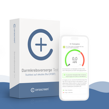 Verpackung des cerascreen Darmkrebsvorsorge Tests mit Smartphone, das das Testergebnis für den Stuhltest auf okkultes Blut (iFOBT) anzeigt