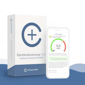 Verpackung des cerascreen Darmkrebsvorsorge Tests mit Smartphone, das das Testergebnis für den Stuhltest auf okkultes Blut (iFOBT) anzeigt