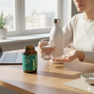 Smart Protein Nahrungsergänzungsglas auf dem Tisch, während eine Person die Kapseln mit Wasser einnimmt