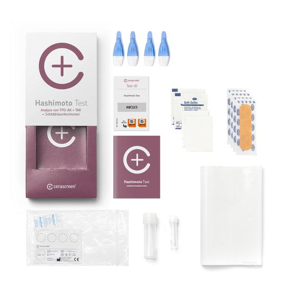 Inhalt des Hashimoto Testkits von cerascreen: Verpackung, Anleitung, Lanzetten, Plfaster, Probenröhrchen, Desinfektionstuch, Rücksendeumschlag