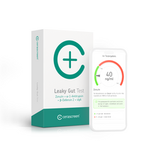 Verpackung des cerascreen Leaky Gut Tests und Smartphone-Display mit Vorschau des Testergebnisses
