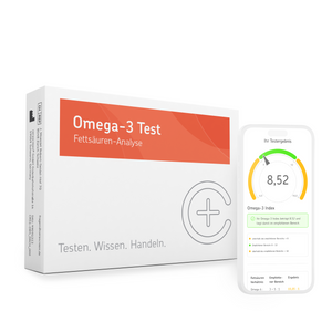 Verpackung des cerascreen Omega-3 Tests und Smartphone-Display mit Vorschau des Testergebnisses