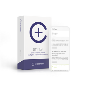 Verpackung des cerascreen STI Tests und Smartphone-Display mit Vorschau des Testergebnisses.