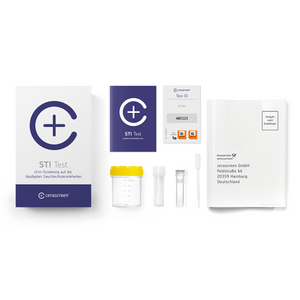 Inhalt des STI Testkits von cerascreen: Verpackung, Anleitung, Auffangbecher, Transferpinpette, Probenröhrchen, Rücksendeumschlag