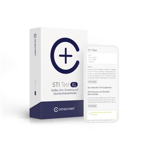 Verpackung des cerascreen STI Tests (XL) und Smartphone-Display mit Vorschau des Testergebnisses.