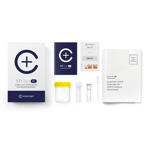 Inhalt des STI Testkits von cerascreen: Verpackung, Anleitung, Auffangbecher, Transferpinpette, Probenröhrchen, Rücksendeumschlag