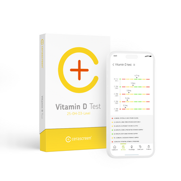 Verpackung des cerascreen Vitamin D Tests und Smartphone-Display mit Vorschau des Testergebnisses