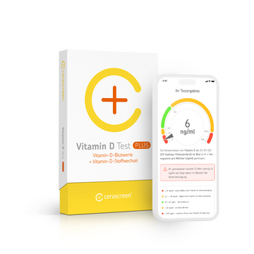 Verpackung des cerascreen Vitamin D PLUS Tests und Smartphone-Display mit Vorschau des Testergebnisses