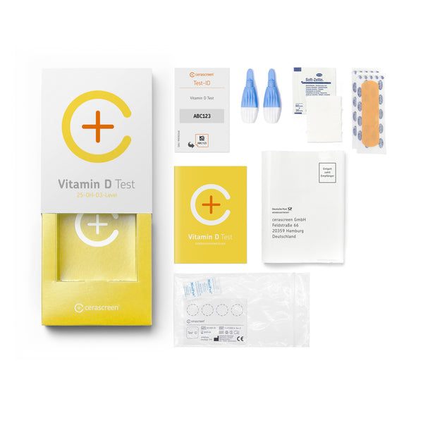 Inhalt des Vitamin D Testkits von cerascreen: Verpackung, Anleitung, Lanzetten, Plfaster, Trockenblutkarte, Desinfektionstuch, Silica Gel, Rücksendeumschlag