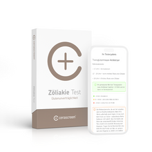 Verpackung des cerascreen Zöliakie Tests und Smartphone-Display mit Vorschau des Testergebnisses