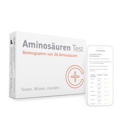 Verpackung des cerascreen Aminosäuren Tests und Smartphone-Display mit Vorschau des Testergebnisses