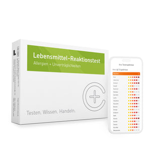 Verpackung des cerascreen Lebensmittel-Reaktionstests und Smartphone-Display mit Vorschau des Testergebnisses