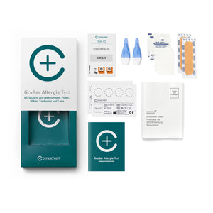 Inhalt des Großer Allergietestkits von cerascreen: Verpackung, Anleitung, Lanzetten, Plfaster, Trockenblutkarte, Desinfektionstuch, Rücksendeumschlag