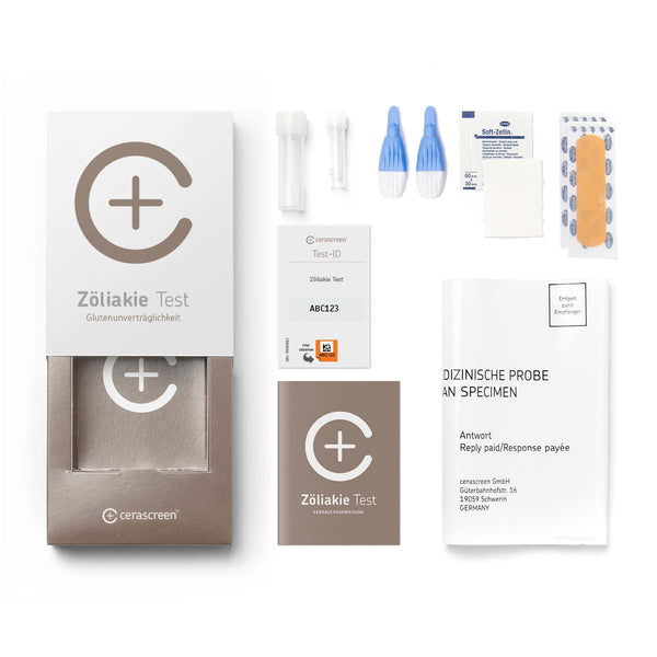 Inhalt des Zöliakie Testkits von cerascreen: Verpackung, Anleitung, Lanzetten, Plfaster, Probenröhrchen, Desinfektionstuch, Rücksendeumschlag