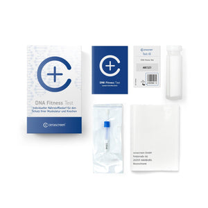 Inhalt des DNA Fitness Testkits von cerascreen: Verpackung, Anleitung, Tupfer, Probenröhrchen, Rücksendeumschlag