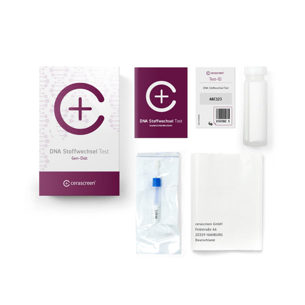 Inhalt des DNA Stoffwechsel Testkits von cerascreen: Verpackung, Anleitung, Tupfer, Probenröhrchen, Rücksendeumschlag