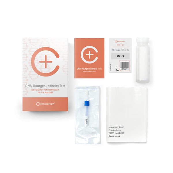 Inhalt des DNA Hautgesundheits Testkits von cerascreen: Verpackung, Anleitung, Tupfer, Probenröhrchen, Rücksendeumschlag