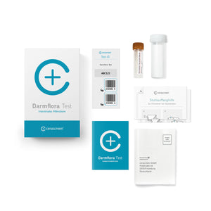 Inhalt des Darmflora Testkits von cerascreen: Verpackung, Anleitung, Stuhlauffanghilfe, Probenröhrchen, Rücksendeumschlag
