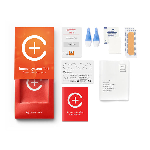 Inhalt des Immunsystem Testkits von cerascreen: Verpackung, Anleitung, Lanzetten, Plfaster, Trockenblutkarte, Desinfektionstuch, Rücksendeumschlag