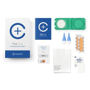 Inhalt des PSA Testkits von cerascreen: Verpackung, Anleitung, Lanzetten, Plfaster, Trockenblutschatulle, Desinfektionstuch, Rücksendeumschlag