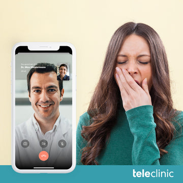 Gähnende Frau, daneben ein Arzt auf einem Smartphonebildschirm, darunter das Logo von teleclinic
