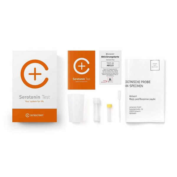 Inhalt des Serotonin Testkits von cerascreen: Verpackung, Anleitung, Strohhalme, Probenröhrchen, Rücksendeumschlag
